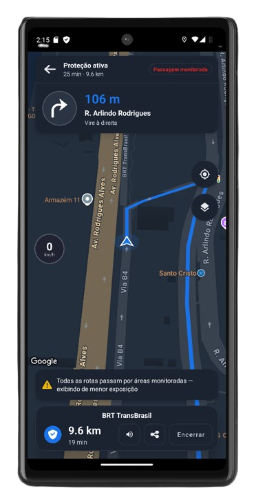 Preview do app SeguiRio com rota e alerta de área monitorada